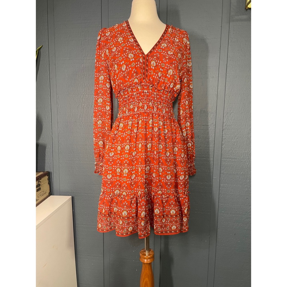 Nielraann Orange Floral Smocked Waist Tiered Ruffle Long Sleeve V Neck Mini Dres